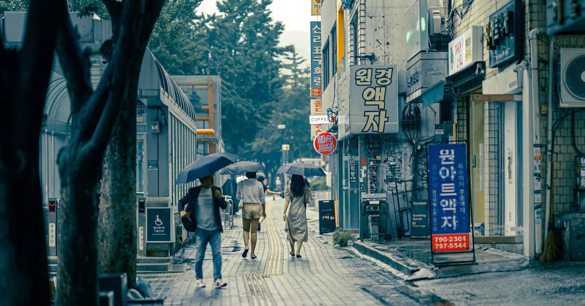 비 오는 날 우산을 쓴 보행자가 있는 도심 거리